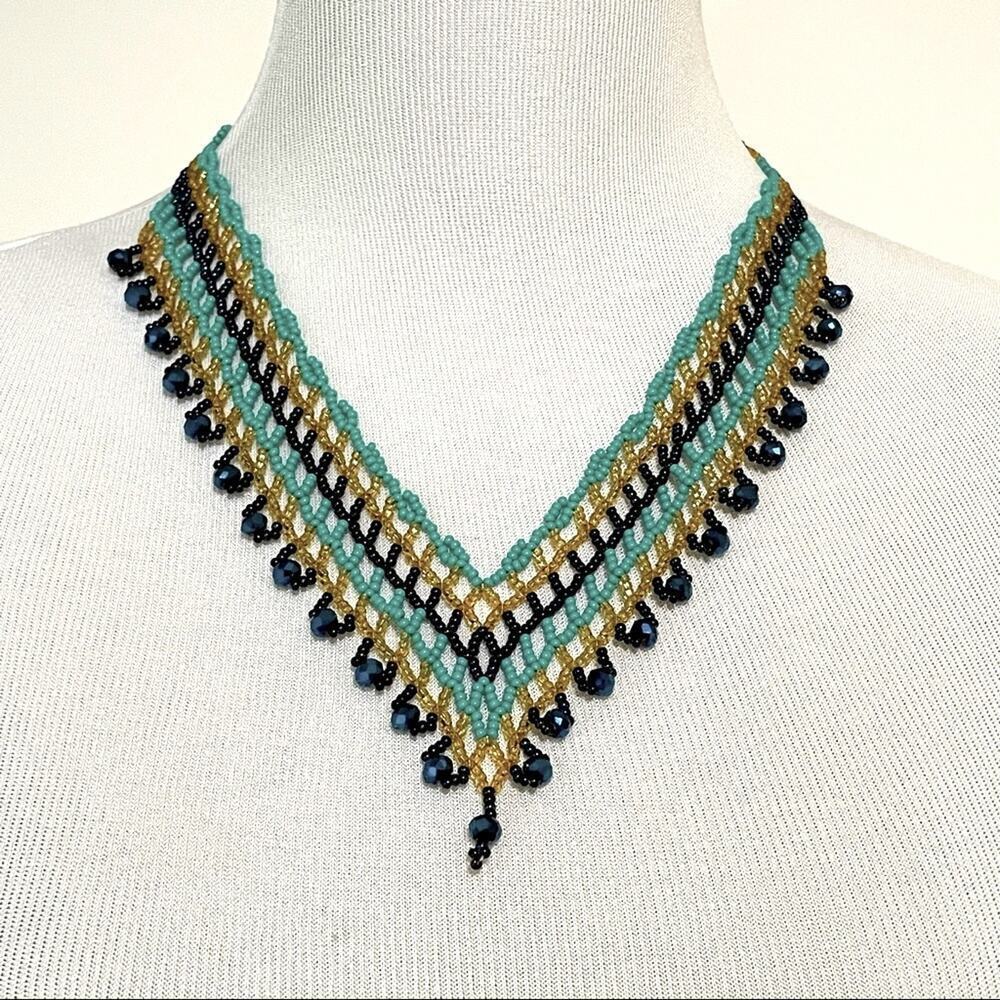 Bohemian Native Handcrafted Summer Beaded Necklace turquoise/gold/blue necklace.